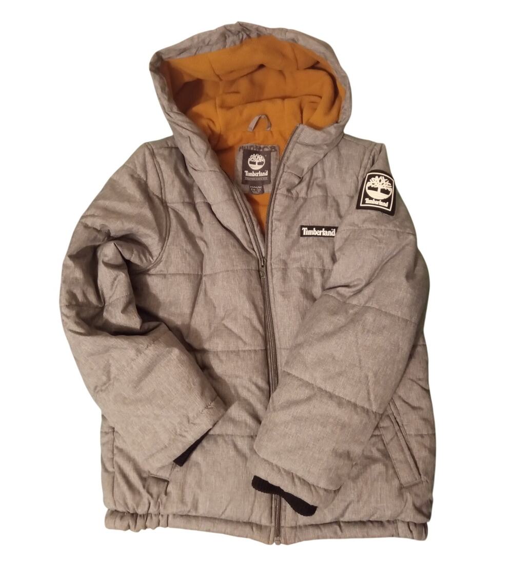 Timberland Boys Gray Puffer Jacket Hooded Coat Mustard Yellow Lining SZ M 10/12